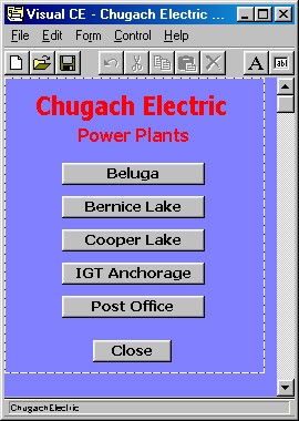 Main menu of Chugach Electric handheld database application allows user to select power plant.